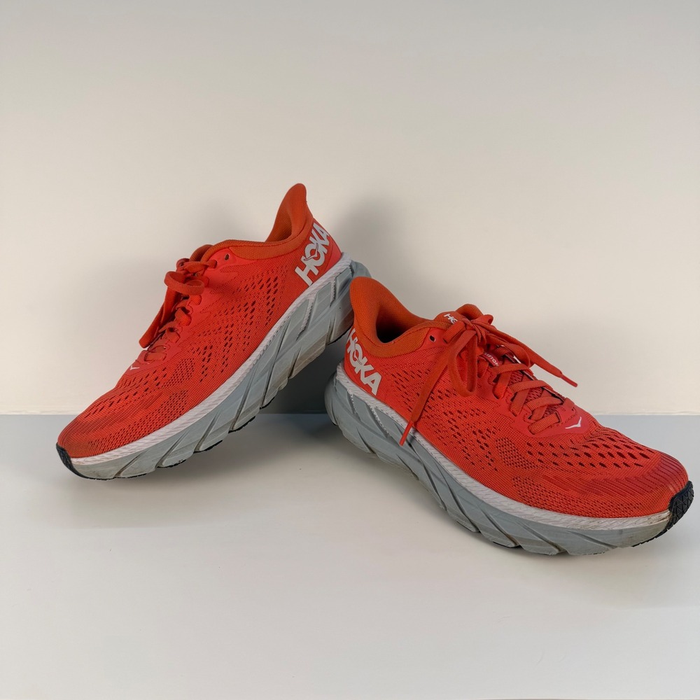 Hoka Clifton 7 Running Shoes Women 6.5 Orange Hot Coral White Mesh Sneaker
